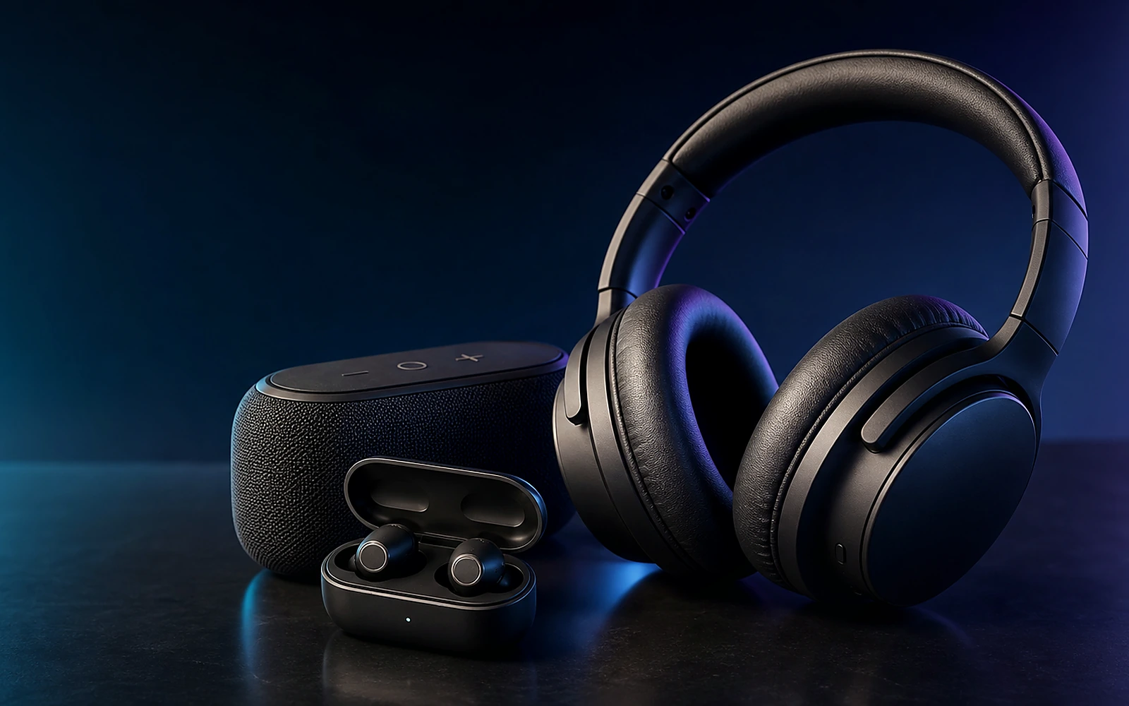 Realistische Studioaufnahme mit Kopfhörern, Earbuds und Bluetooth-Lautsprecher