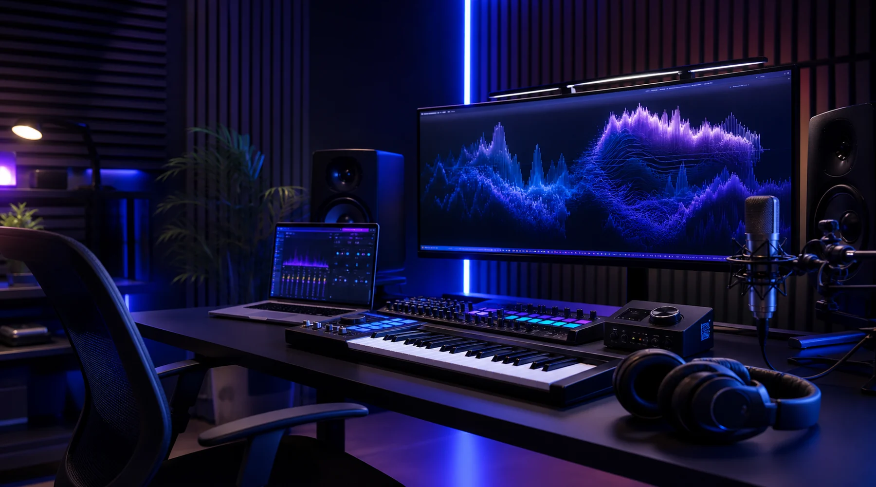 Modernes Musikstudio mit Laptop, Audio-Wellenform und Creator-Equipment